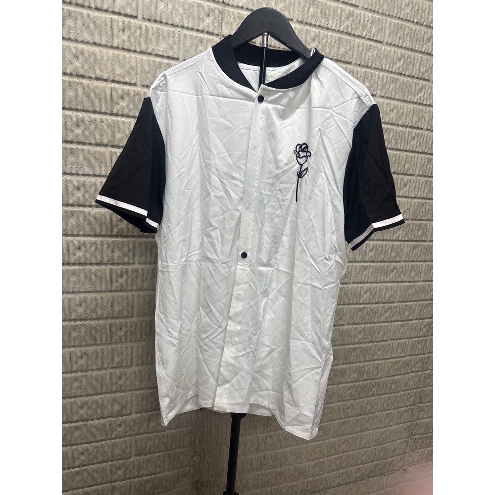 Cupshe Womens Baseball Jersey Shirt White Black Rose Embroidery Button Front NEW